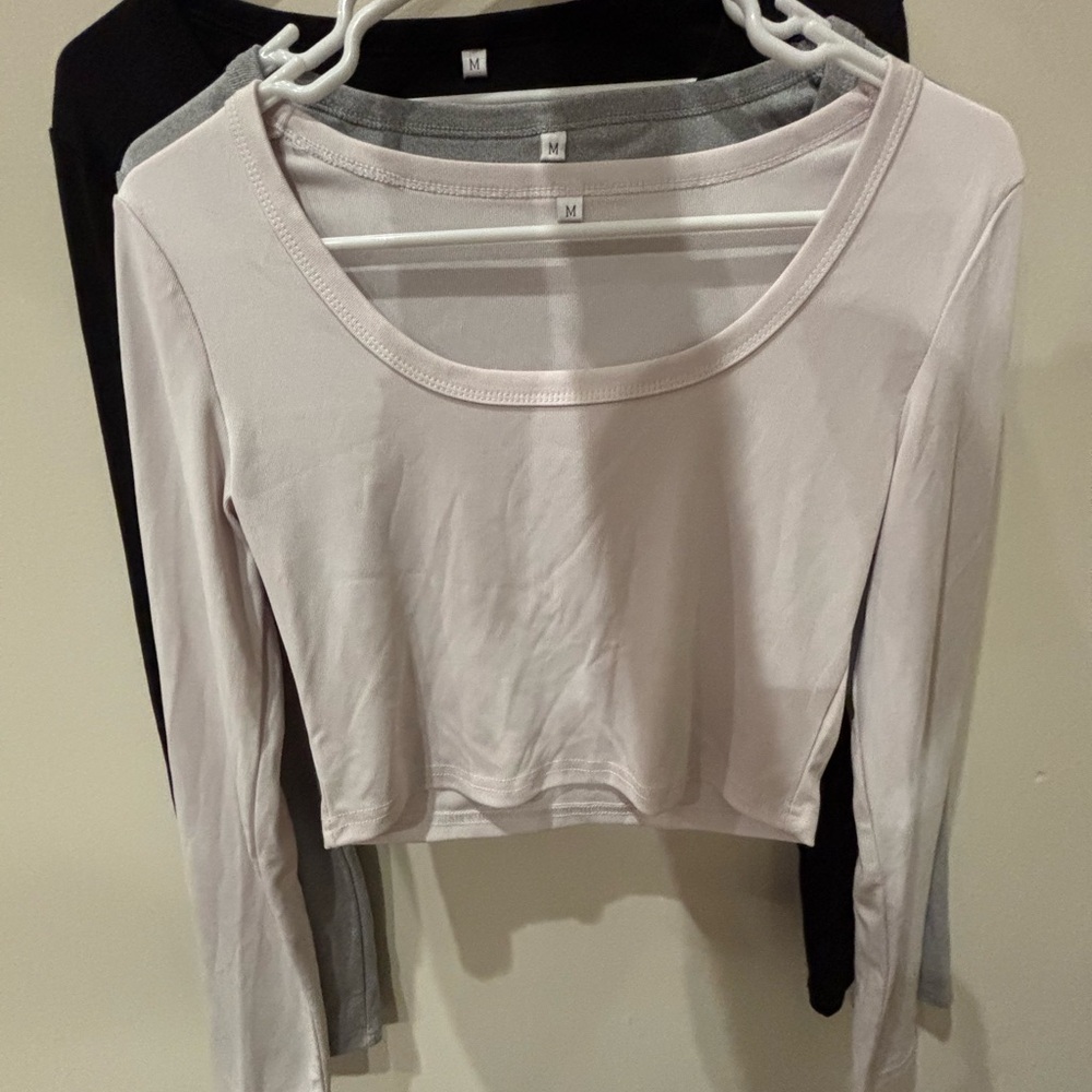 NWOT: 3 Piece Solid Color Long Sleeve U-Neck Yoga Crop Top